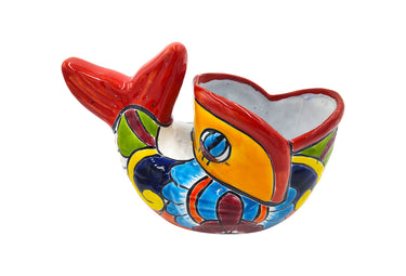 Mexican Talavera Bonsai Fish Planter Pot Hand Painted - Traditional Pescado Bonsai Maceta - Red Trim